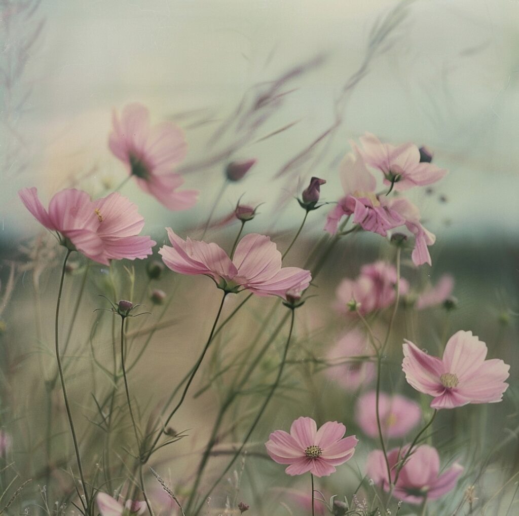 Cosmos flowers on a windy day